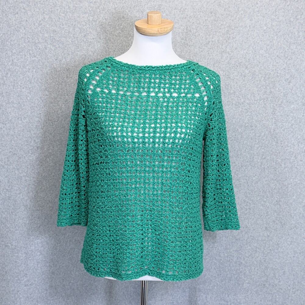 Chico's Sweater Women's Green Size 0 (S) Cotton Blend Crochet Knit 3/4 Sleeve